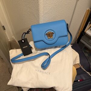 Versace Light Blue Crossbody Bag with Gold Medusa